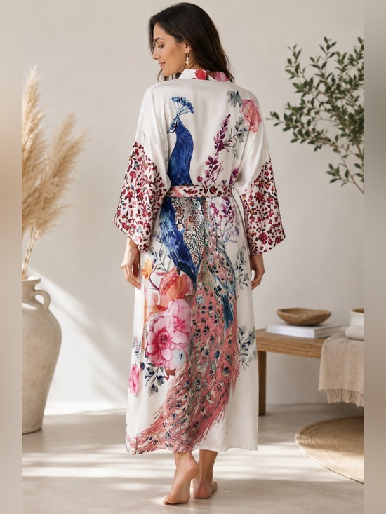 Other - Peacock Floral Kimono Robe in Cream and Blue